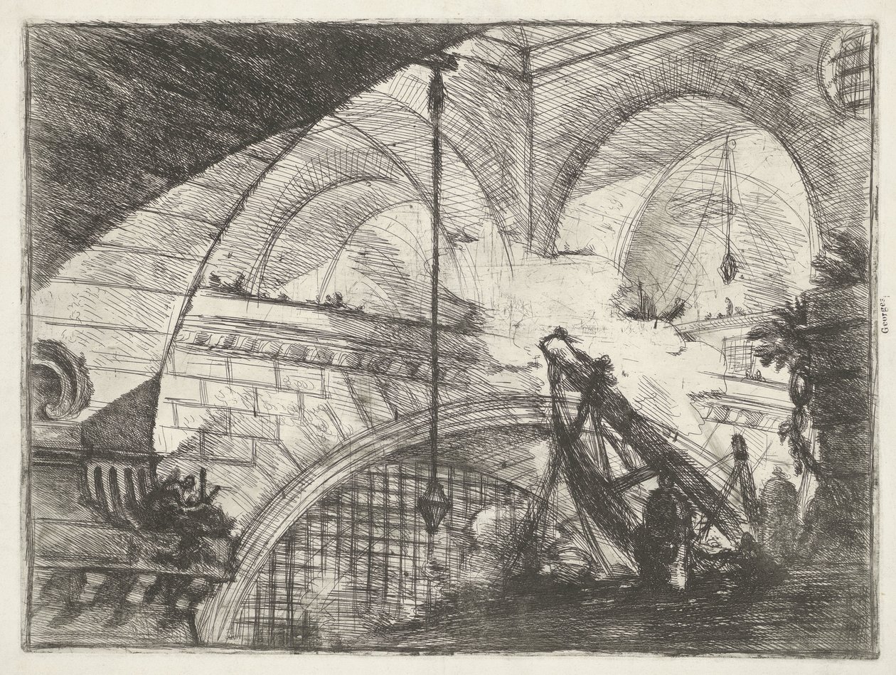 Fängelsehåla med lyftinstallation Båge med skalprydnad Dungeons (serietitel) Invenzioni Capric di Carceri all Acqua Forte (serietitel) av Giovanni Battista Piranesi