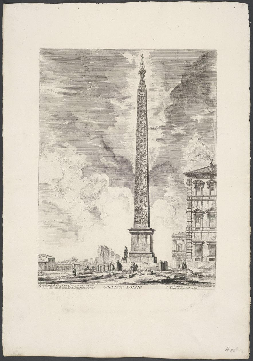 Lateranska Obelisken i Rom Egyptisk Obelisk (titel på objekt) Gezichten op Rome (serietitel) Utsikt över Rom designad och graverad av Giambattista Piranesi-arkitekten Ve (nez) iano (serietitel) av Giovanni Battista Piranesi