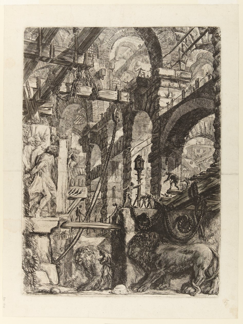 Uppfinningarnas fängelser, plansch V: Lejonet Bas-Reliefs av Giovanni Battista Piranesi