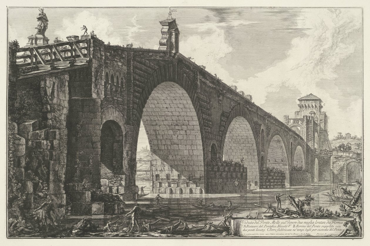 Milvische brug te Rom Utsikt över Ponte Molle över Tibern två mil från Rom (titel på objekt) Gezichten op Rome (serietitel) Utsikt över Rom designad och graverad av Giambattista Piranesi-arkitekten Ve (nez) iano (serietitel) av Giovanni Battista Piranesi