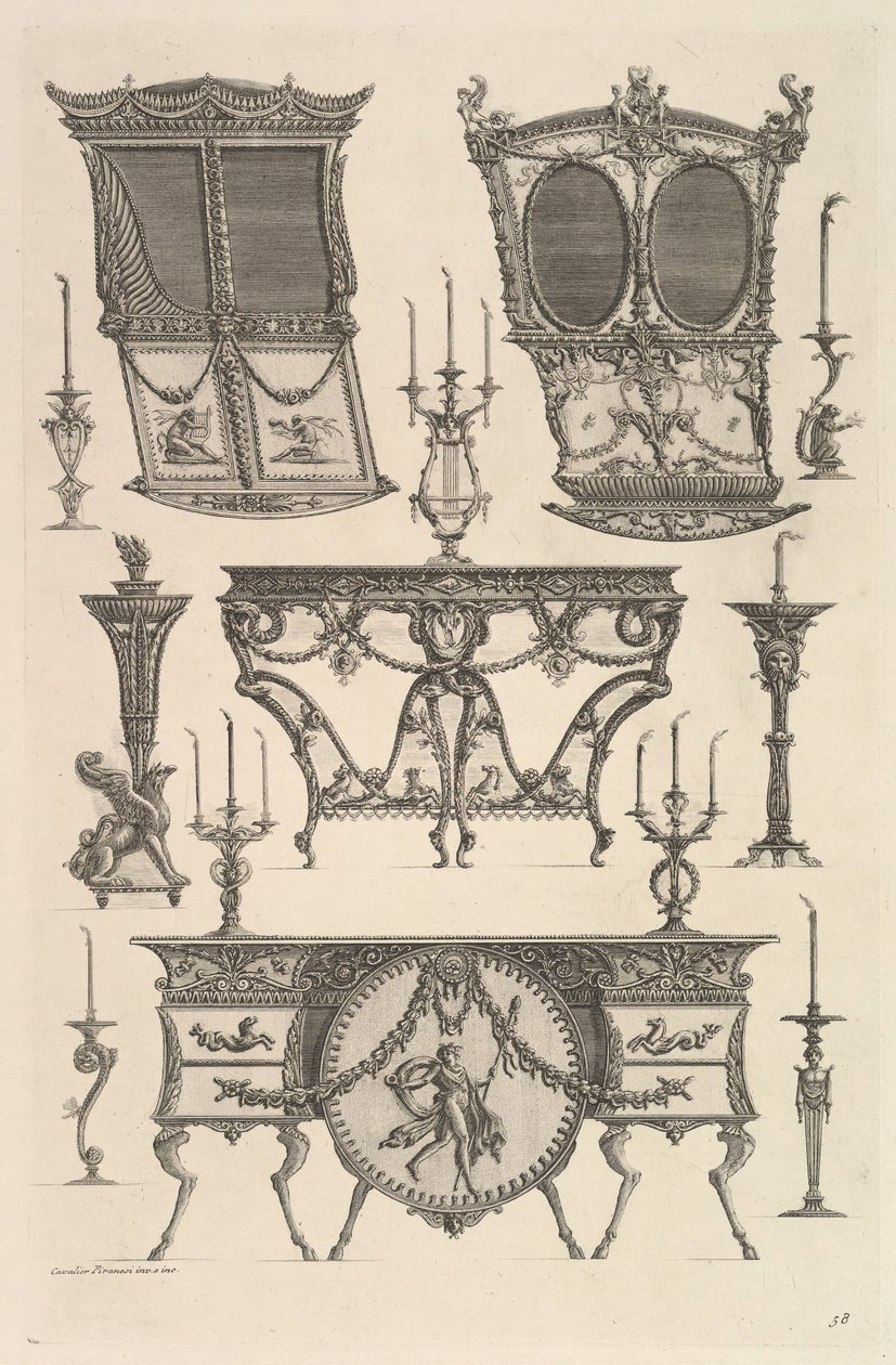 Diverse möbler inklusive två sedanstolar, ett sidobord och en kommod Deux c..., ca. 1769. av Giovanni Battista Piranesi