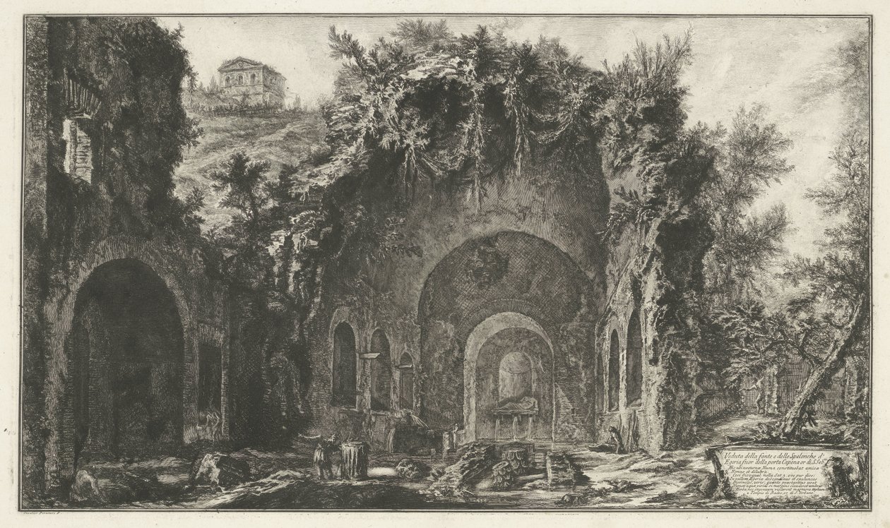 Nymphaeum van Egeria i Rom Utsikt över källan och Egyptens grottor utanför Porta Capena eller di S. Seb.no (...) (titel på objekt) Gezichten op Rome (serietitel) Utsikt över Rom designad och graverad av Giambattista Piranesi-arkitekten Ve (nez) bl.a av Giovanni Battista Piranesi