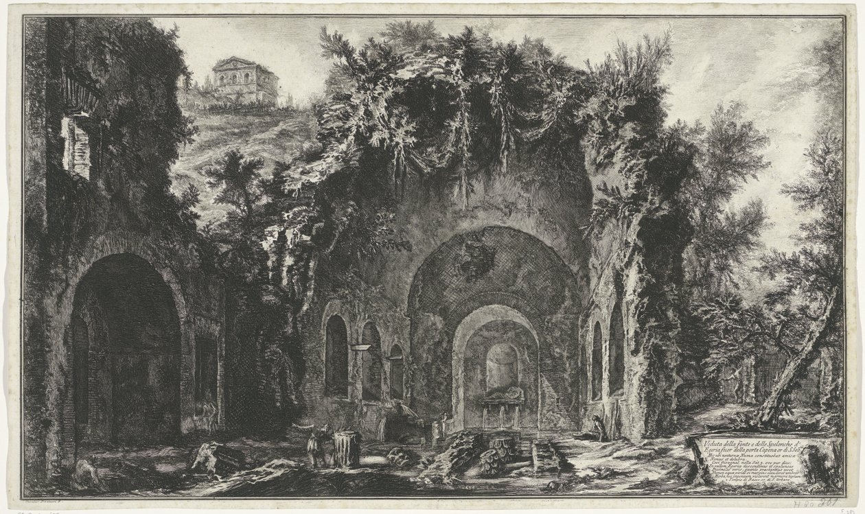 Nymphaeum van Egeria i Rom Utsikt över källan och Egyptens grottor utanför Porta Capena eller di S. Seb.n (...) (titel på objekt) Gezichten op Rome (serietitel) Utsikt över Rom designad och graverad av Giambattista Piranesi-arkitekten Ve (nez) ian av Giovanni Battista Piranesi