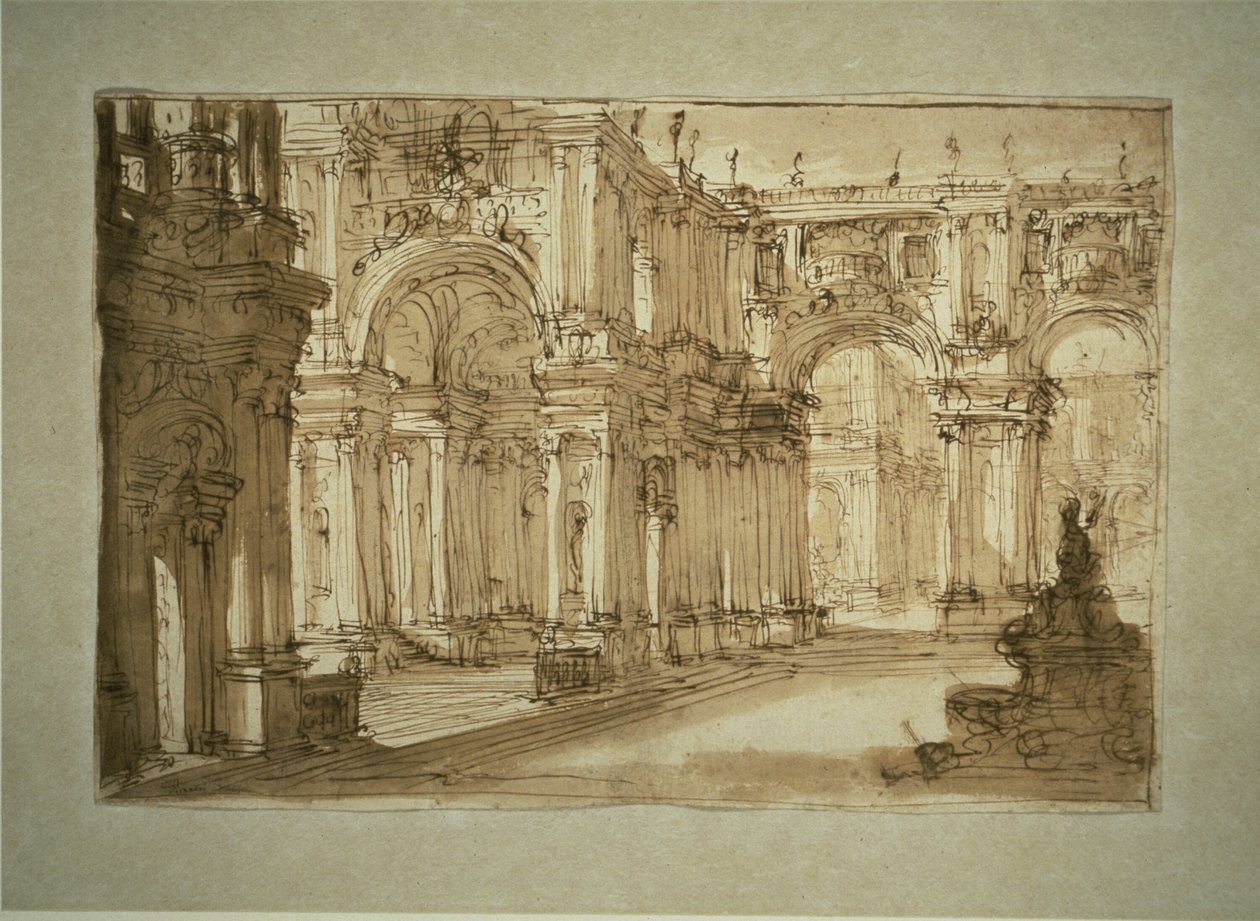 Palatslig innergård med en fontän av Giovanni Battista Piranesi