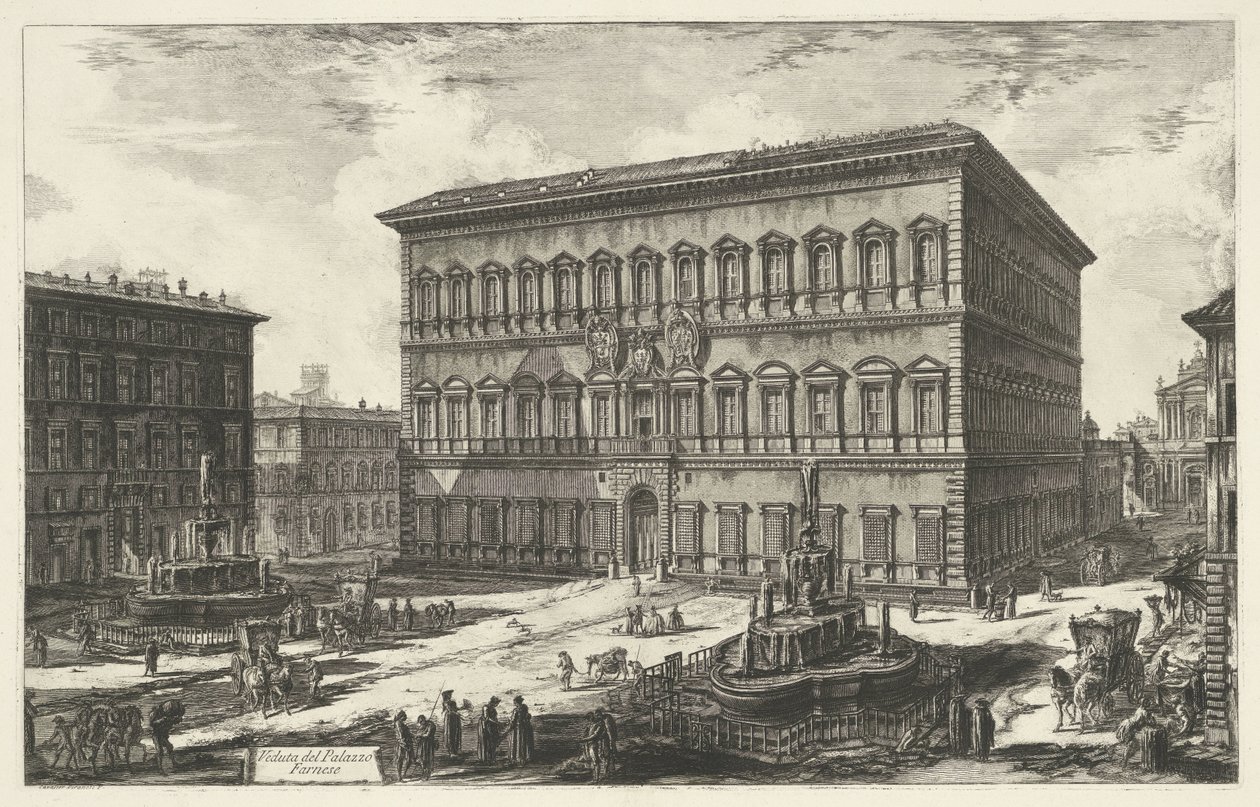 Palazzo Farnese i Rom Utsikt över Palazzo Farnese (titel på objekt) Gezichten op Rome (serietitel) Utsikt över Rom designad och graverad av Giambattista Piranesi-arkitekten Ve (nez) iano (serietitel) av Giovanni Battista Piranesi