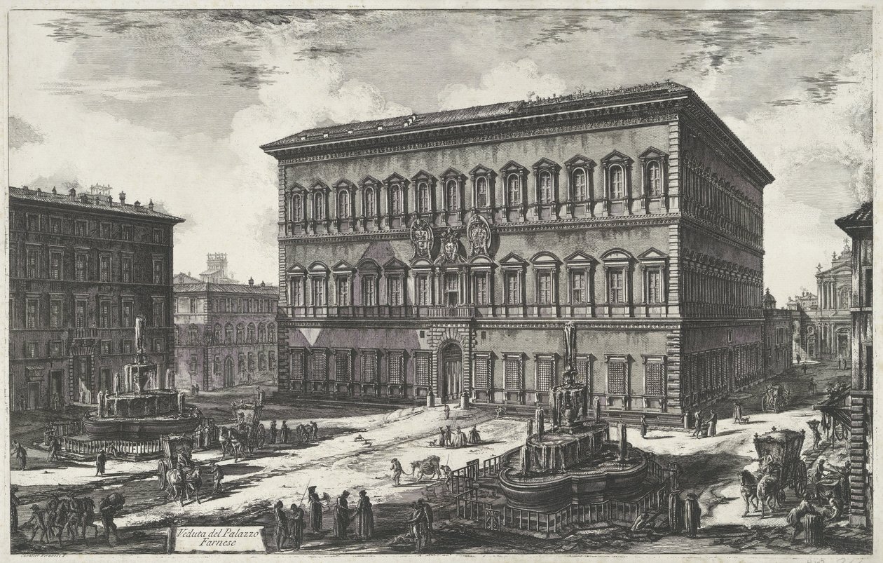 Palazzo Farnese i Rom Utsikt över Palazzo Farnese (titel på objekt) Gezichten op Rome (serietitel) Utsikt över Rom designad och graverad av Giambattista Piranesi-arkitekten Ve (nez) iano (serietitel) av Giovanni Battista Piranesi