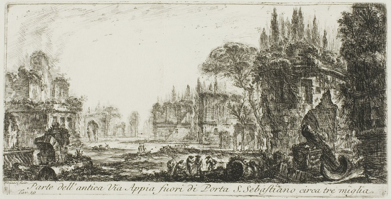 En del av den antika Appian Way cirka tre miles utanför Porta S. Sebastiano, skylt 19 från Some Views of Triumphal Arches och andra monument av Giovanni Battista Piranesi