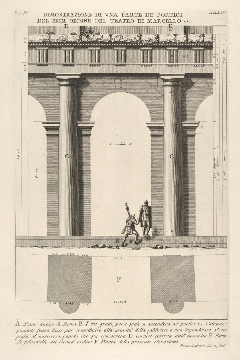 Delvis höjd och plan över första ordningens portik vid Marcellus Dimostr...s teater, 1756. av Giovanni Battista Piranesi