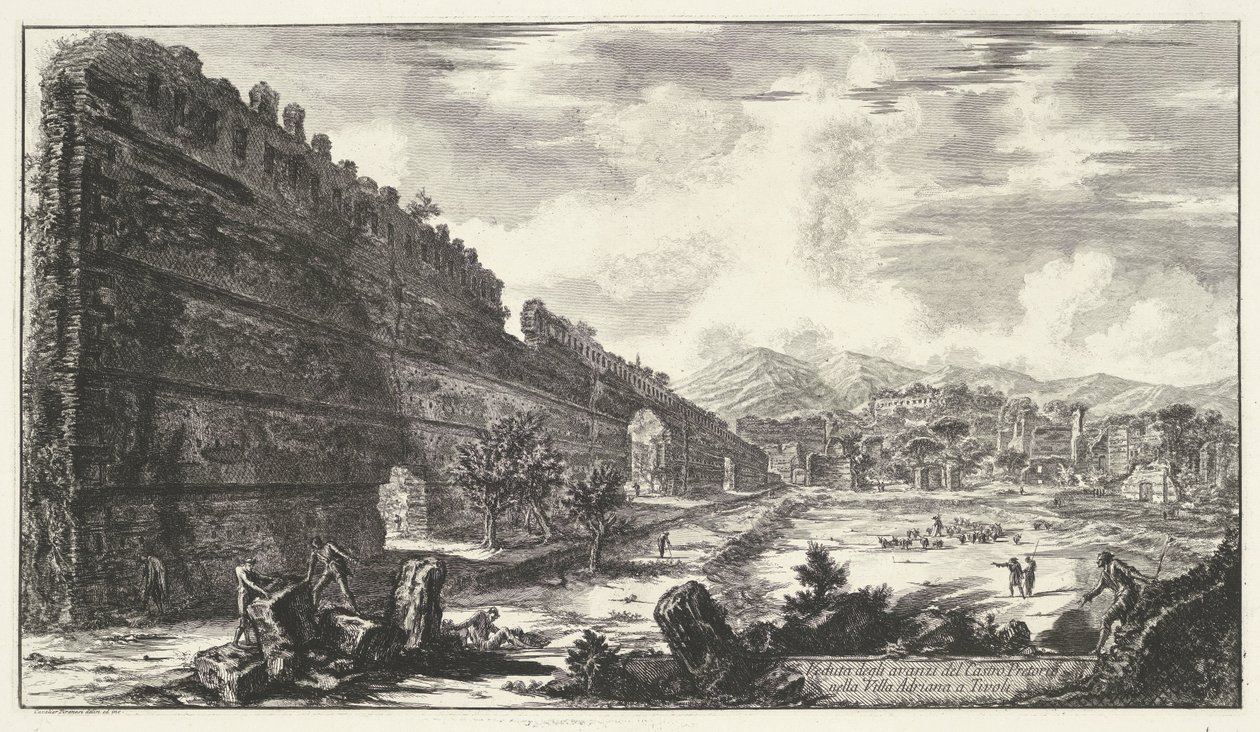 Pecile i Villa Adriana te Tivoli Utsikt över resterna av Castro Pretorio i Villa Adriana i Tivoli (titel på objekt) Gezichten op Rome (serietitel) Utsikter över Rom tecknade och graverade av Giambattista Piranesi-arkitekten Ve(nez)iano (serietitel av Giovanni Battista Piranesi