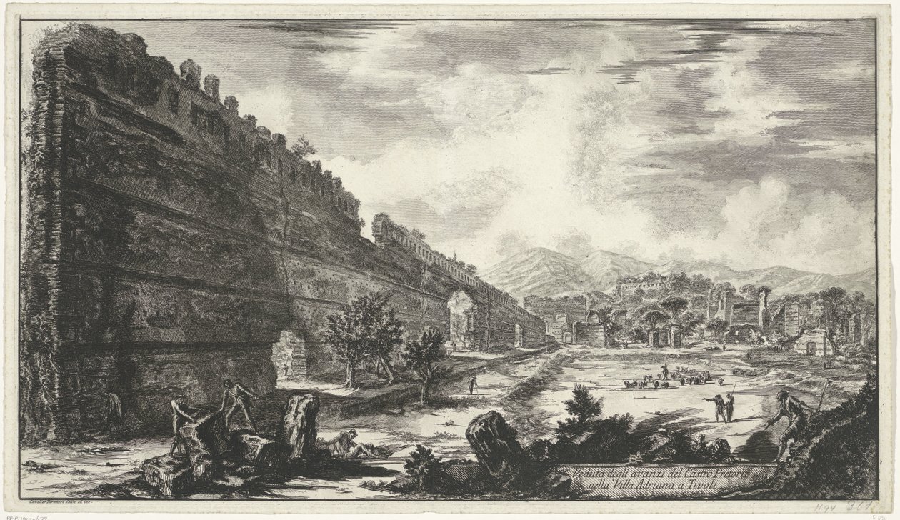 Pecile i Villa Adriana te Tivoli Utsikt över resterna av Castro Pretorio i Villa Adriana i Tivoli (titel på objekt) Gezichten op Rome (serietitel) Utsikter över Rom tecknade och graverade av Giambattista Piranesi-arkitekten Ve(nez)iano (serietitel av Giovanni Battista Piranesi