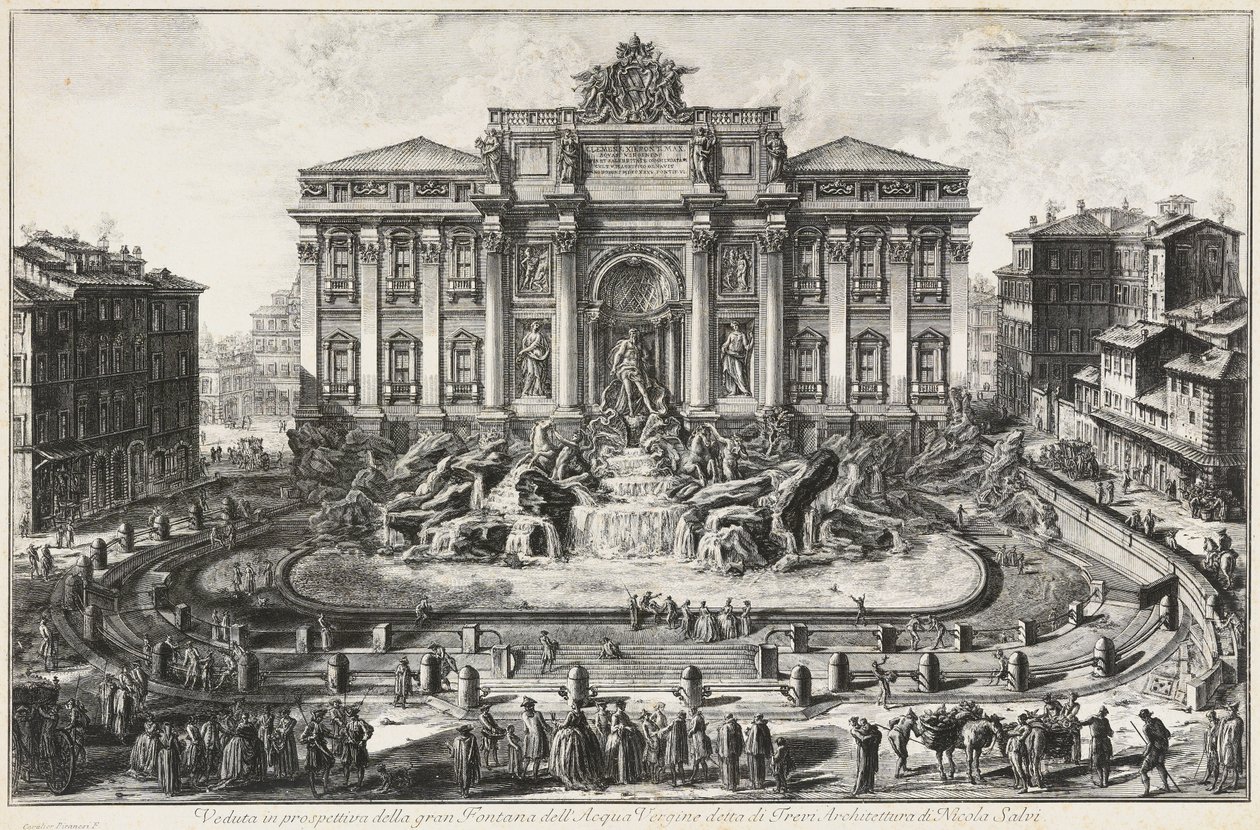 Perspektivisk vy över Acqua Vergines stora fontän, kallad Trevifontänen av Giovanni Battista Piranesi