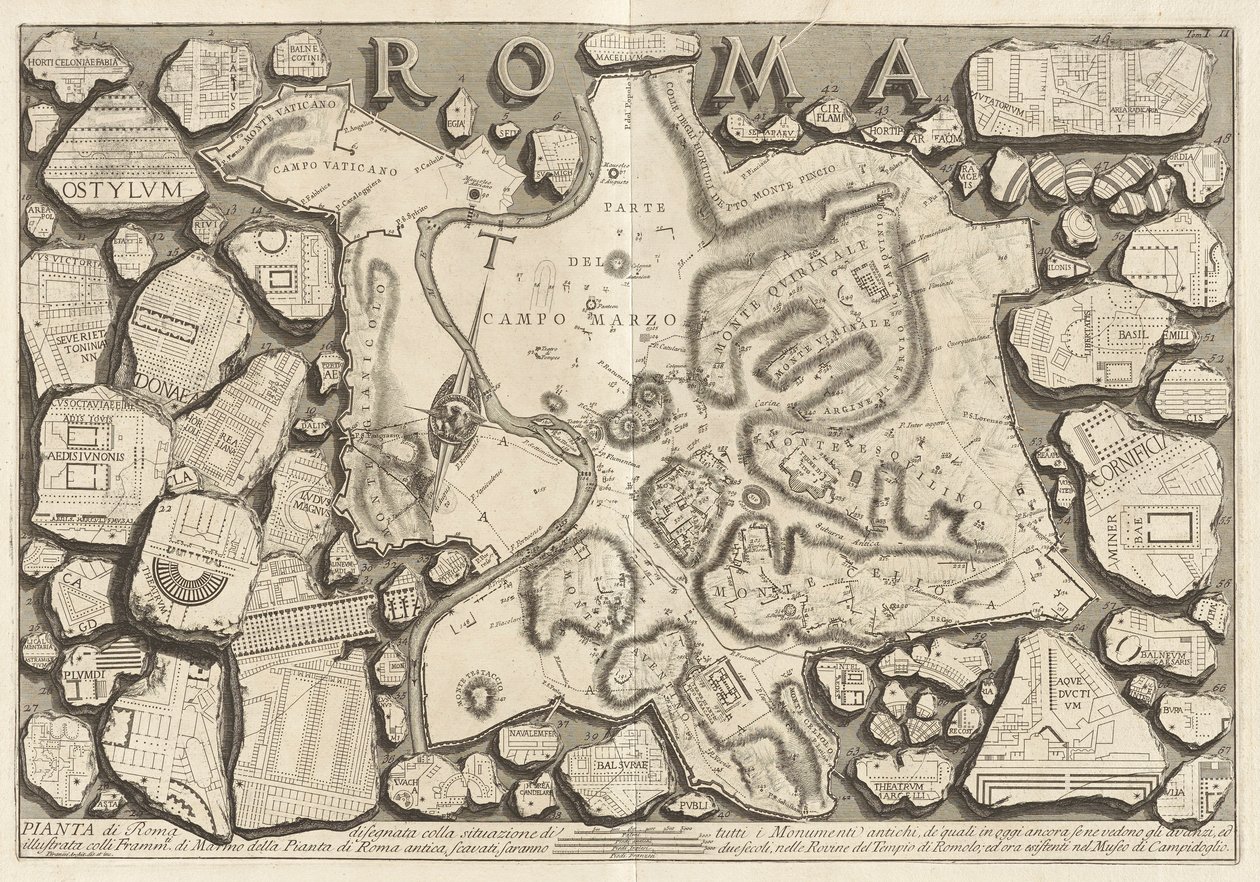 Plan över Rom ritad med situationen för alla antika monument av Giovanni Battista Piranesi