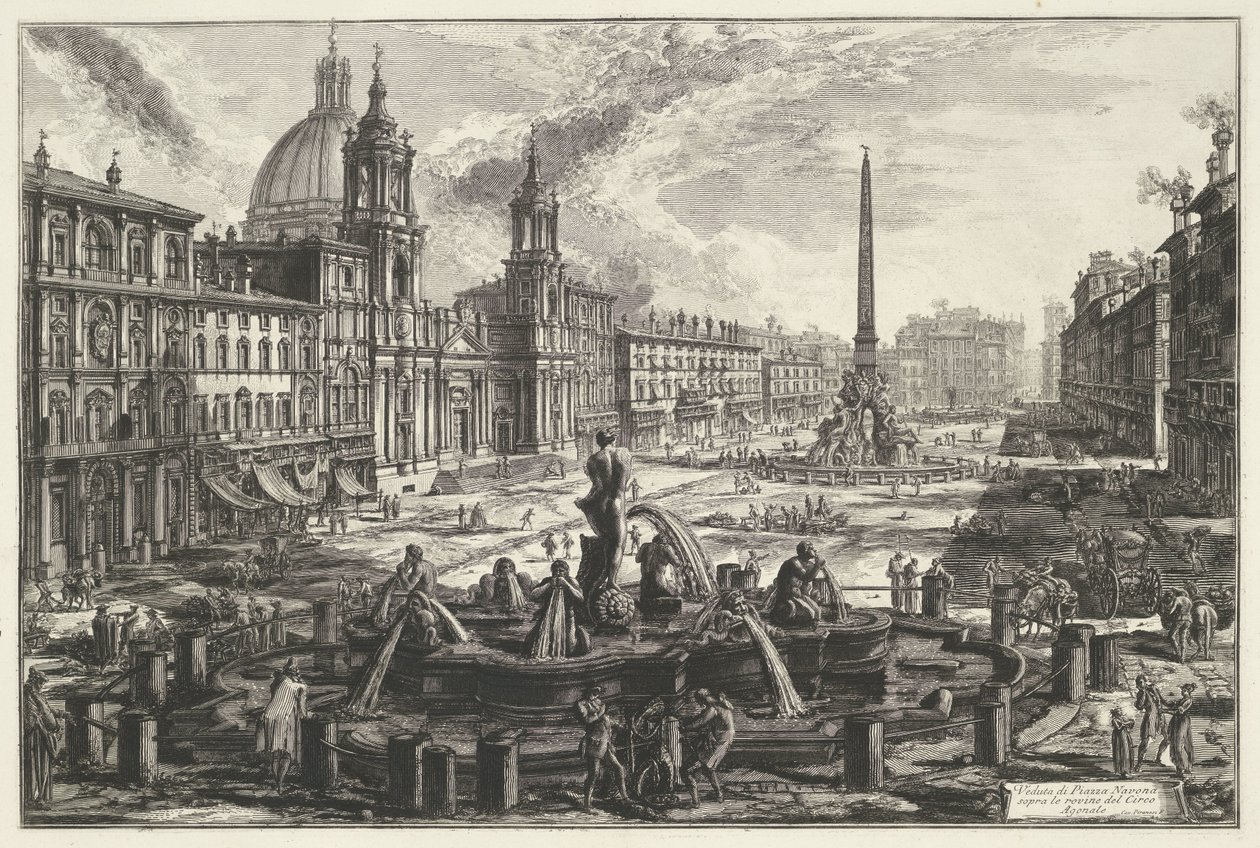 Piazza Navona i Rom Utsikt över Piazza Navona över ruinerna av Agonal Circus (titel på objekt) Gezichten op Rome (serietitel) Utsikt över Rom designad och graverad av Giambattista Piranesi-arkitekten Ve (nez) iano (serietitel) av Giovanni Battista Piranesi