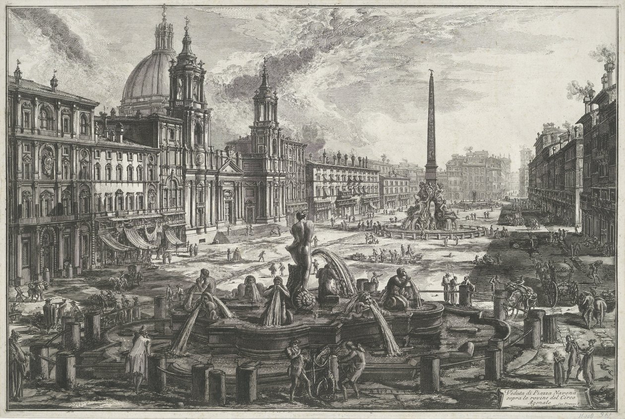 Piazza Navona i Rom Utsikt över Piazza Navona över ruinerna av Agonal Circus (titel på objekt) Gezichten op Rome (serietitel) Utsikt över Rom designad och graverad av Giambattista Piranesi-arkitekten Ve (nez) iano (serietitel) av Giovanni Battista Piranesi