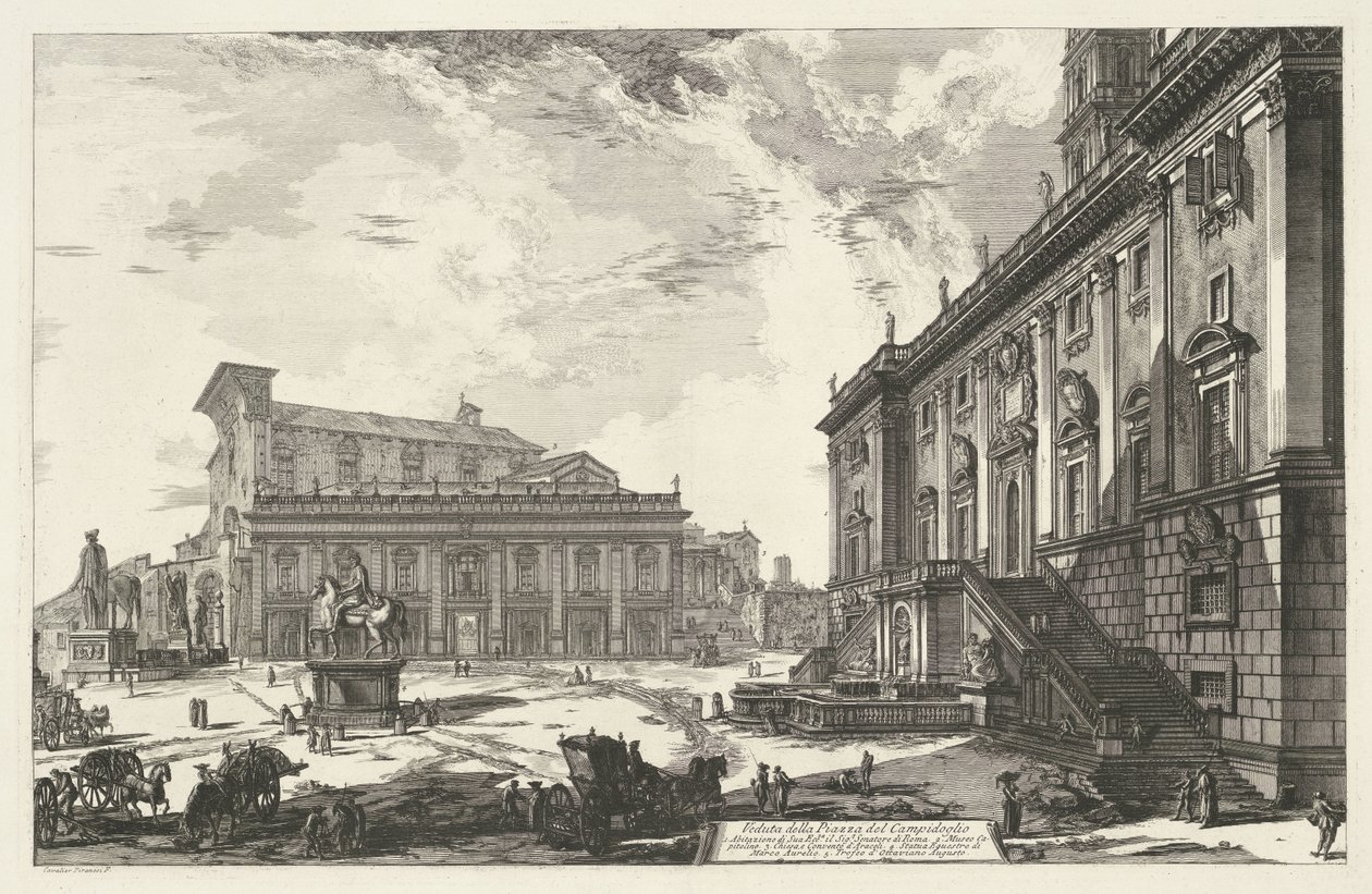 Piazza del Campidoglio i Rom Utsikt över Piazza del Campidoglio (titel på objekt) Gezichten op Rome (serietitel) Utsikt över Rom designad och graverad av Giambattista Piranesi-arkitekten Ve (nez) iano (serietitel) av Giovanni Battista Piranesi