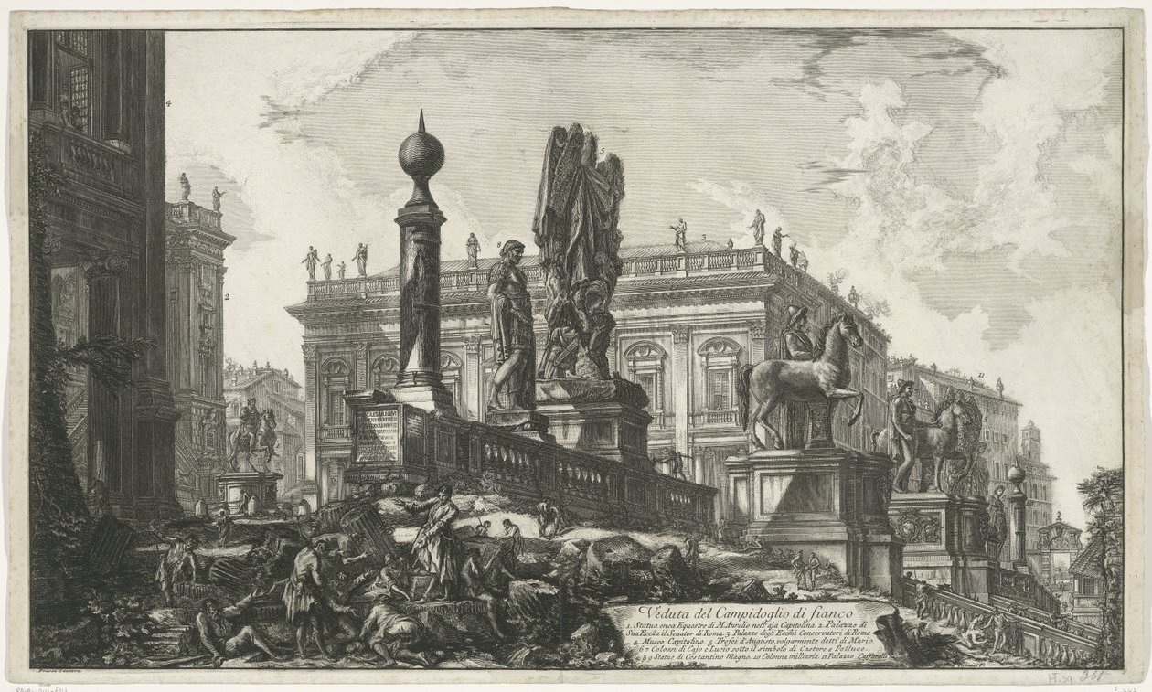 Capitol Square van länkar sett Utsikt över Capitolium på sidan (titel på objekt) Gezichten op Rome (serietitel) Utsikt över Rom designad och graverad av Giambattista Piranesi-arkitekten Ve (nez) iano (serietitel) av Giovanni Battista Piranesi