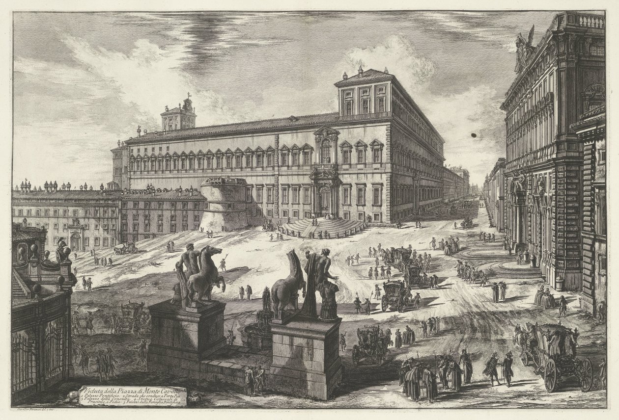 Piazza del Quirinale i Rom Utsikt över Piazza di Monte Cavallo (titel på objekt) Gezichten op Rome (serietitel) Utsikt över Rom designad och graverad av Giambattista Piranesi-arkitekten Ve (nez) iano (serietitel) av Giovanni Battista Piranesi