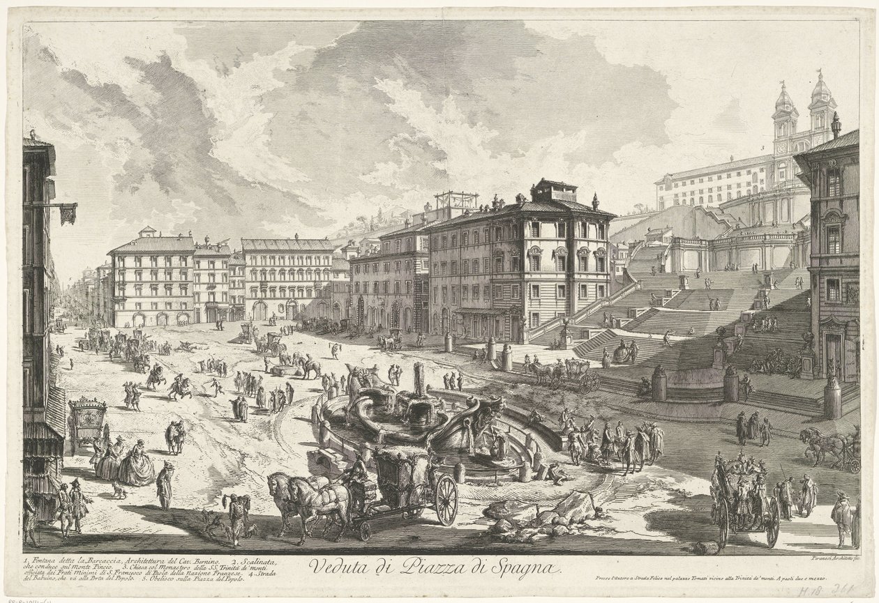 Piazza di Spagna i Rom Utsikt över Piazza di Spagna (titel på objekt) Gezichten op Rome (serietitel) Utsikt över Rom designad och graverad av Giambattista Piranesi-arkitekten Ve (nez) iano (serietitel) av Giovanni Battista Piranesi