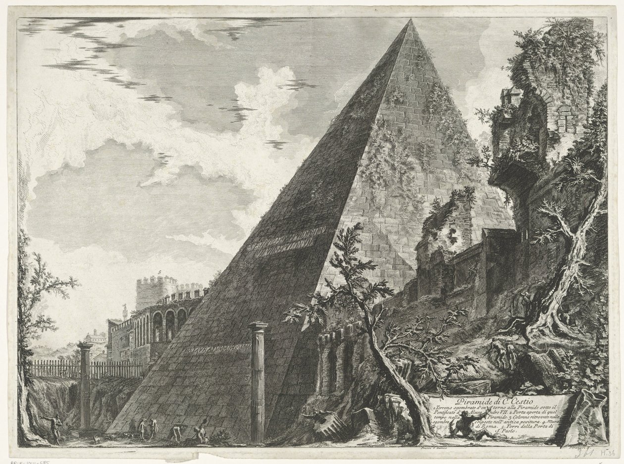 Piramide van Cestius i Rom Pyramid of C. Cestio (titel på objekt) Gezichten op Rome (serietitel) Utsikt över Rom designad och graverad av Giambattista Piranesi-arkitekten Ve (nez) iano (serietitel) av Giovanni Battista Piranesi