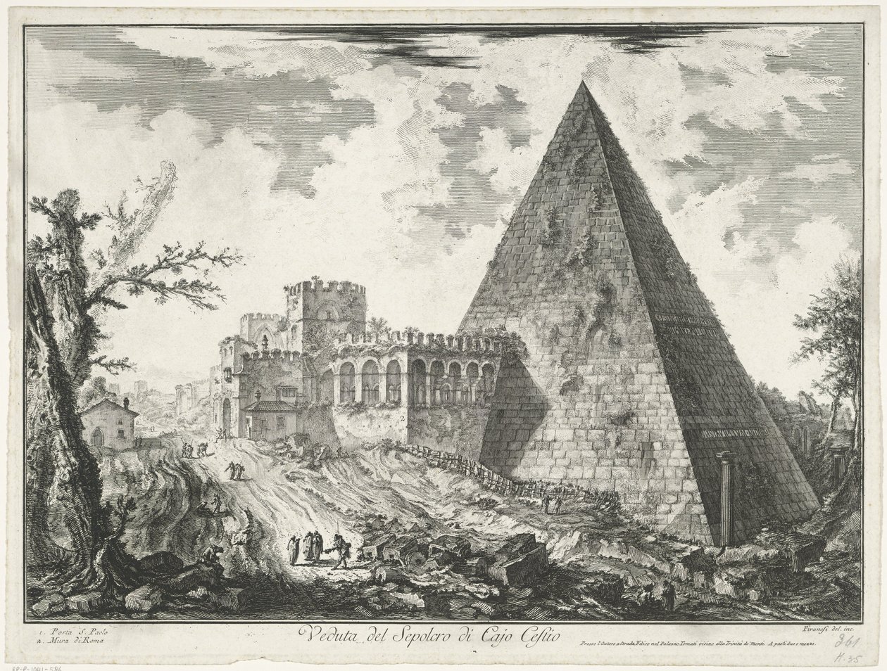 Piramide van Cestius i Rom Utsikt över Cajo Castios grav (titel på objekt) Gezichten op Rome (serietitel) Utsikt över Rom designad och graverad av Giambattista Piranesi-arkitekten Ve (nez) iano (serietitel) av Giovanni Battista Piranesi