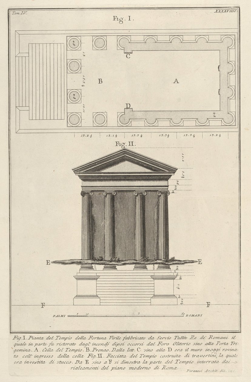 Plan och fasad av Temple of Fortuna Virilis Tempio della Fortuna Virile, från s..., 1756. av Giovanni Battista Piranesi