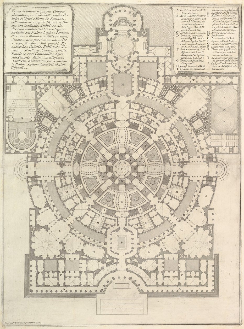 Plan av en rymlig och magnifik högskola designad efter Greelands gamla gymnasium, 1750. av Giovanni Battista Piranesi