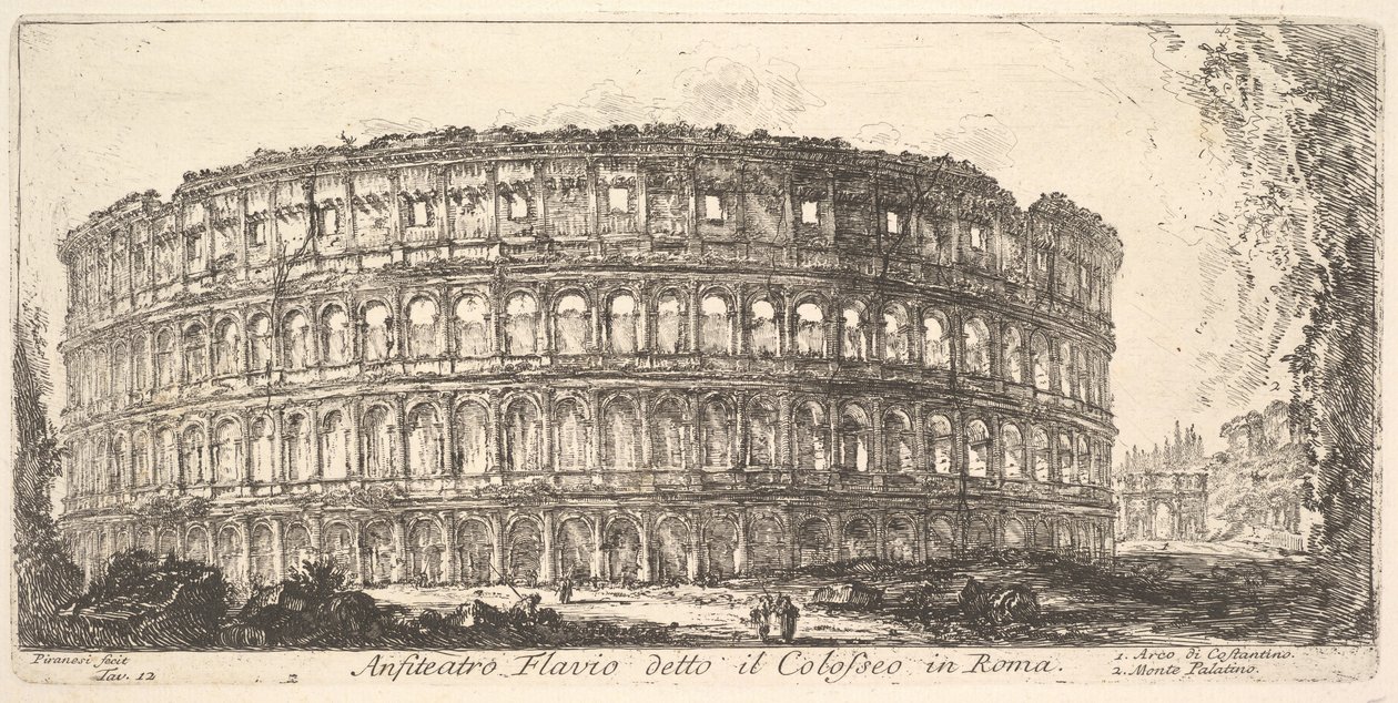 Plåt 12: Flavian Amphitheater, kallad Colosseum. 1. Konstantins båge. 2. Palat..., ca. 1748. av Giovanni Battista Piranesi