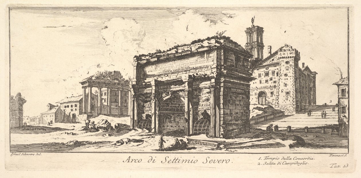 Plåt 13: Septimius Severus båge 1. Konkordens tempel. 2. Uppstigning till Capitoline ..., ca. 1748. av Giovanni Battista Piranesi