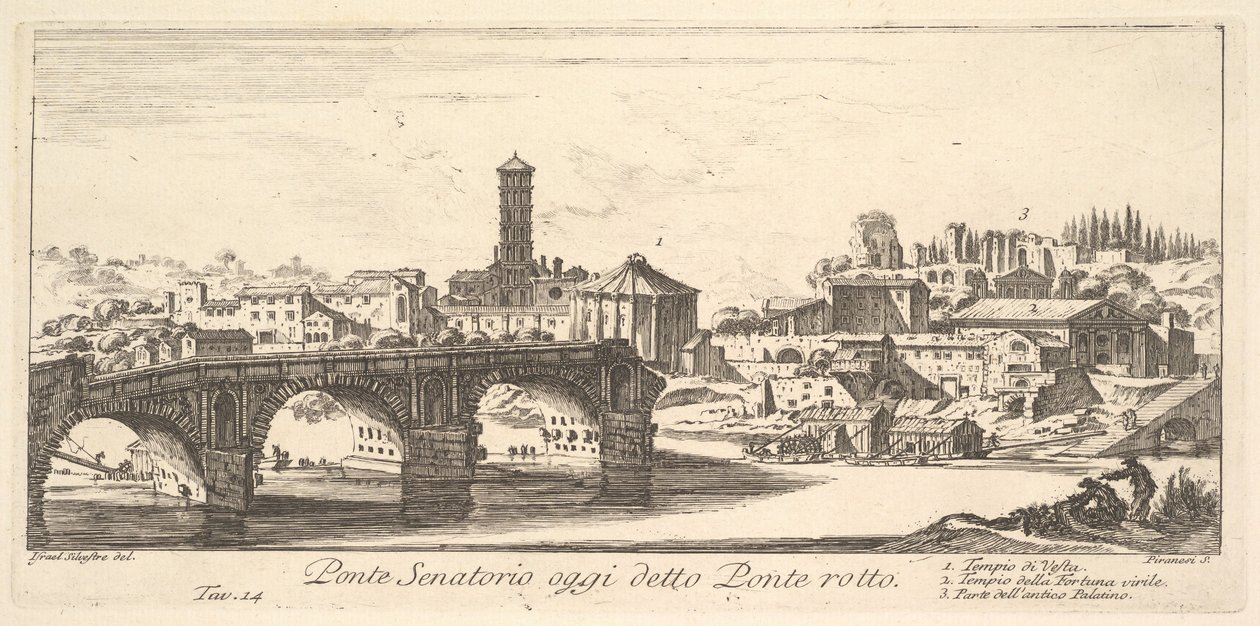 Plåt 14: Senatoriska bron, idag kallad Ponte Rotto Broken Bridge. 1. Tempel o..., ca. 1748. av Giovanni Battista Piranesi