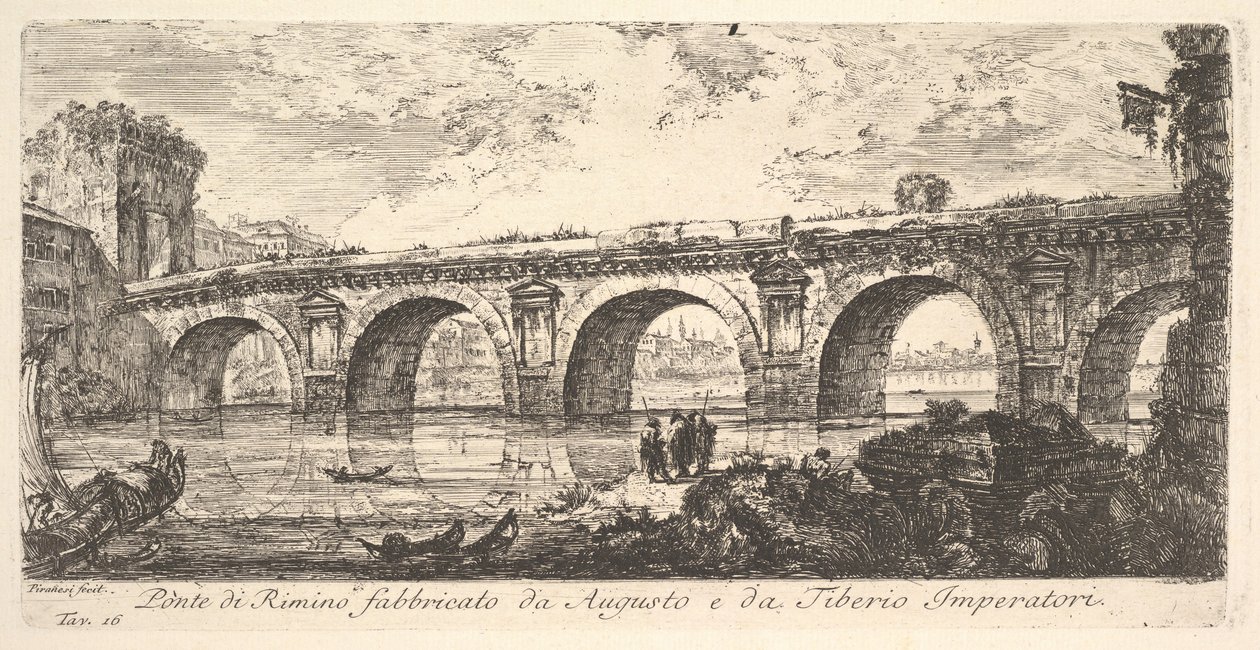 Plåt 16: Bron i Rimini byggd av kejsarna Augustus och Tiberius Ponte di R..., ca. 1748. av Giovanni Battista Piranesi