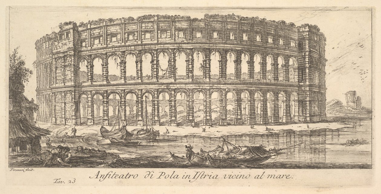 Skylt 23: Amfiteatern i Pula i Istrien nära havet Amfiteatern i Pula i Istrien vi ..., ca. 1748. av Giovanni Battista Piranesi