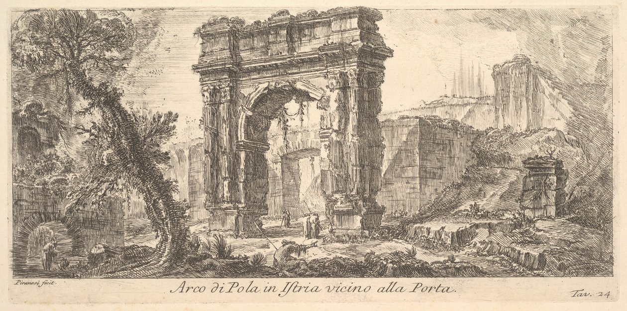 Skylt 24: Pola-bågen i Istrien nära porten Arco di Pula i Istrien nära Por ..., ca. 1750. av Giovanni Battista Piranesi