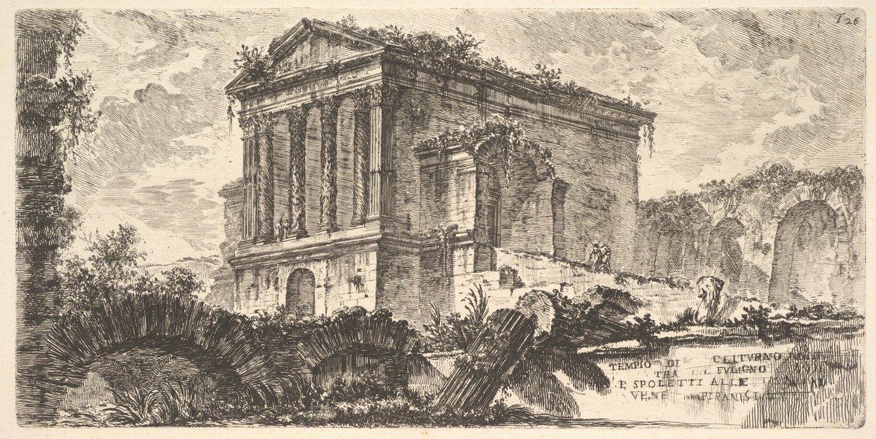 Plansch 26: Clitumnus tempel mellan Foligno och Spoleto, ur «Några vyer över triumfbågar och andra monument uppförda av romarna, av vilka några ses i Rom och andra i Italien» av Giovanni Battista Piranesi