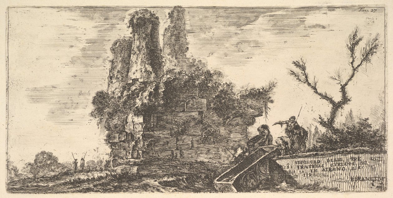 Plåt 27: De tre bröderna Curiatiis grav i Albano De tre brödernas grav C ..., ca. 1748. av Giovanni Battista Piranesi