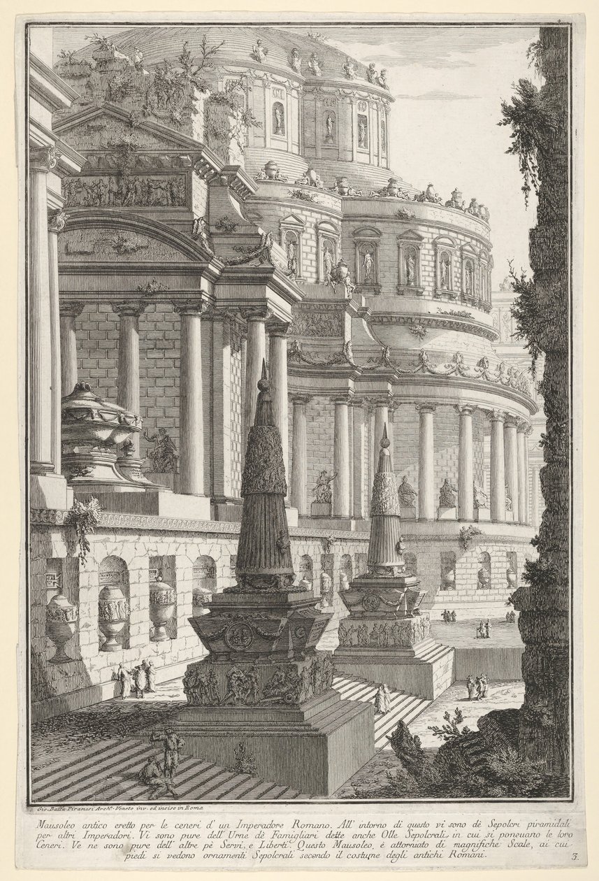Plåt 3: Forntida mausoleum uppfört för askan efter en romersk kejsare Mausoleo antico ere..., 1743. av Giovanni Battista Piranesi