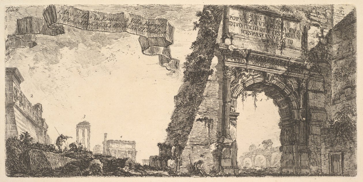 Plåt 6: 1. Titusbåge. 2. Villa Farnese. 3. Kolumner i Jupiters tempel Stato..., ca. 1748. av Giovanni Battista Piranesi