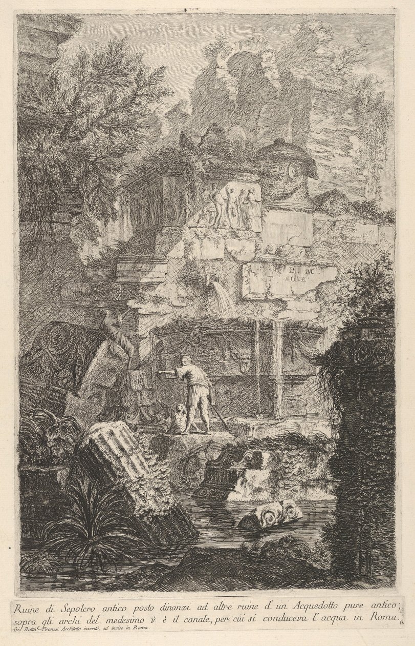 Plåt 6: Ruinerna av en forntida grav framför ruinerna av en gammal akvedukt, ovanför bågen..., 1743. av Giovanni Battista Piranesi
