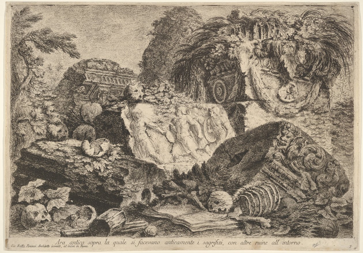 Plåt 7: Forntida altare på vilket offer utfördes i antiken, omgivet av oth..., 1743. av Giovanni Battista Piranesi