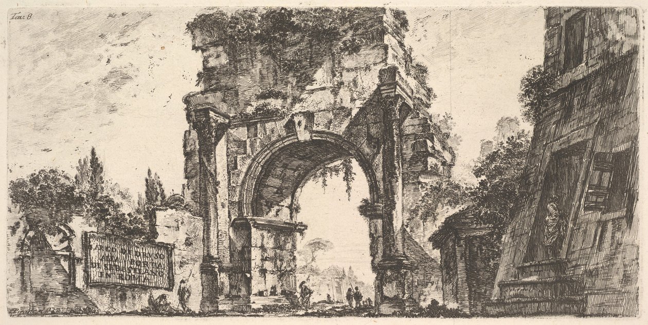 Plåt 8: Drusus båge vid Porta S. Sebastiano i Rom Arco di Drusus vid Porta d ..., ca. 1748. av Giovanni Battista Piranesi