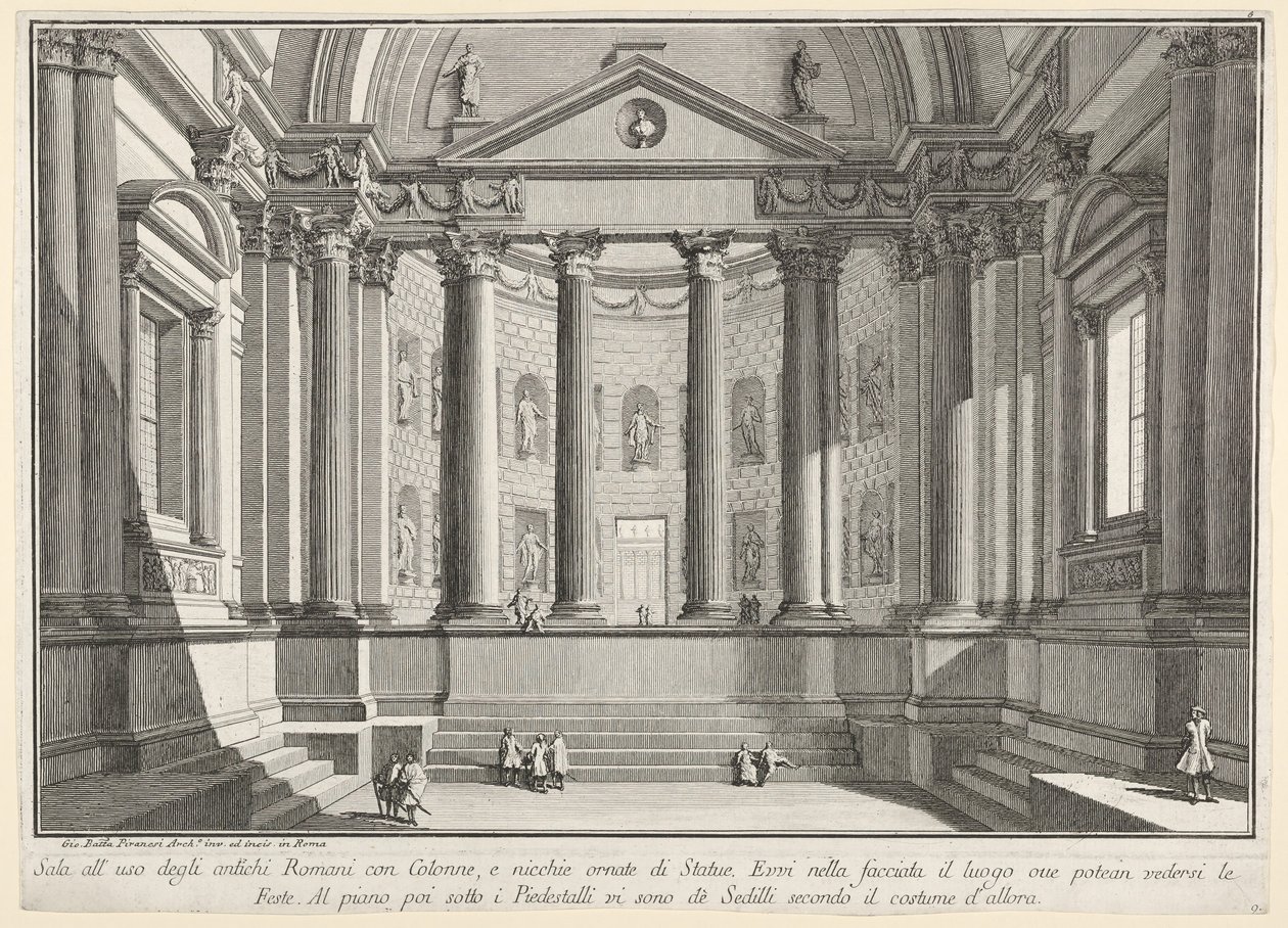 Platta 9: Kolonnadshall enligt de gamla romarnas sed, och nischer pryder..., 1743. av Giovanni Battista Piranesi