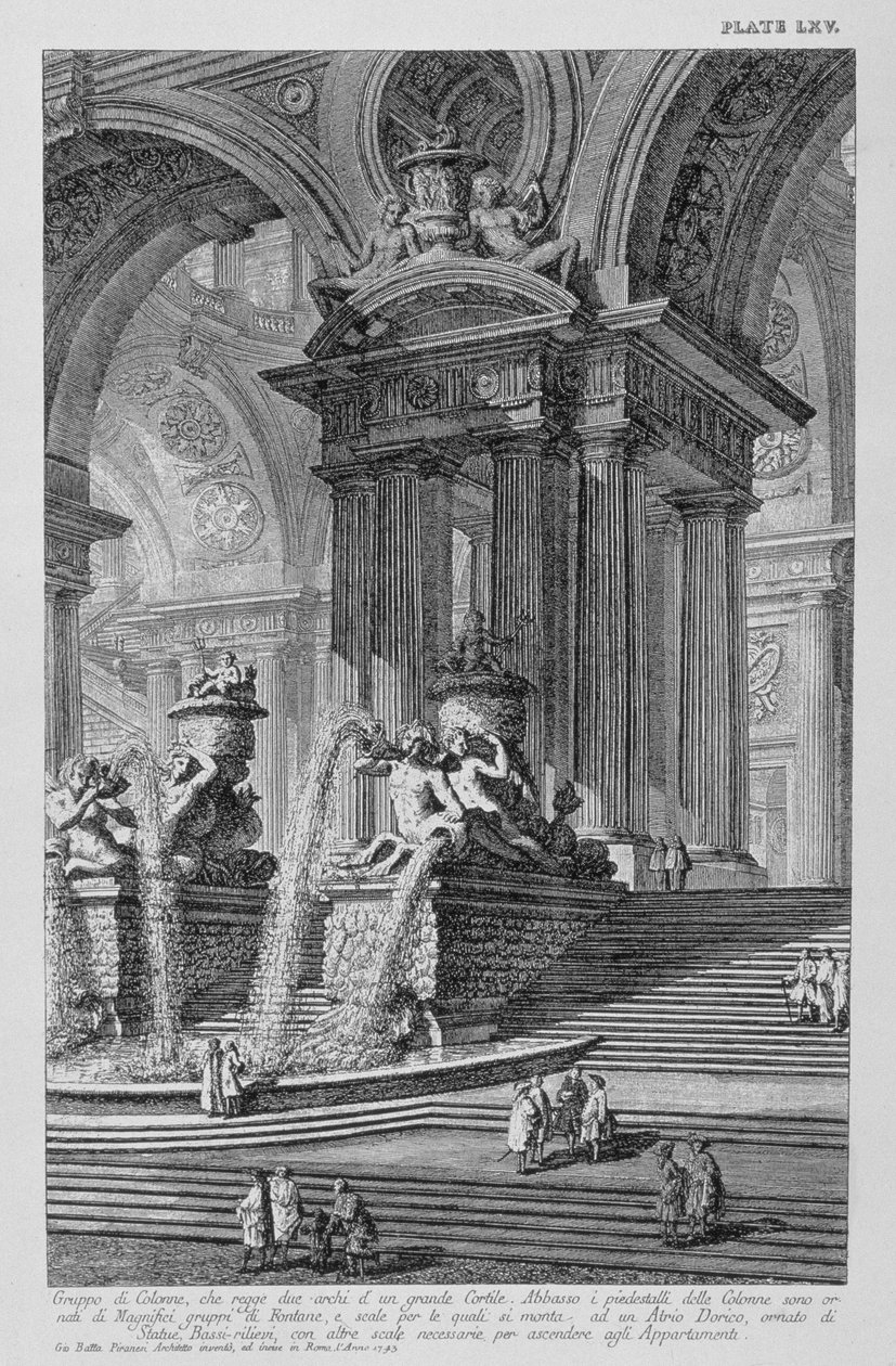 Platta LXV Arkitektonisk capriccio av en monumental grupp av kolonner som stödjer två valv av en storslagen innergård med magnifika fontäner prydda med statyer och basreliefer daterade 1743 från Vedute, av Giovanni Battista Piranesi