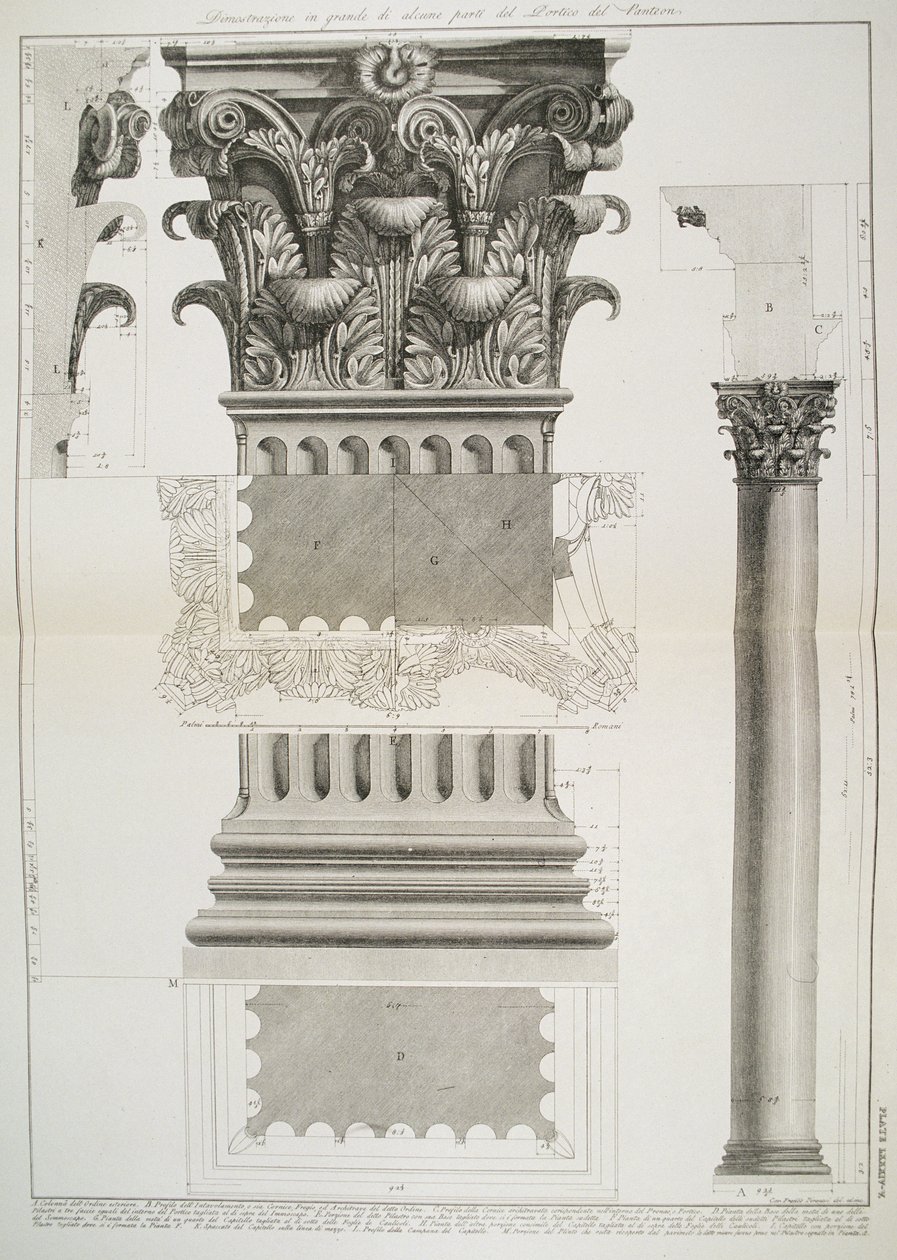 Platta LXXXIV-V Demonstration i stor skala av en del av Pantheons portik från Vedute, första gången publicerad 1756, utgiven av E und F.N. Spon Ltd., 1900. av Giovanni Battista Piranesi