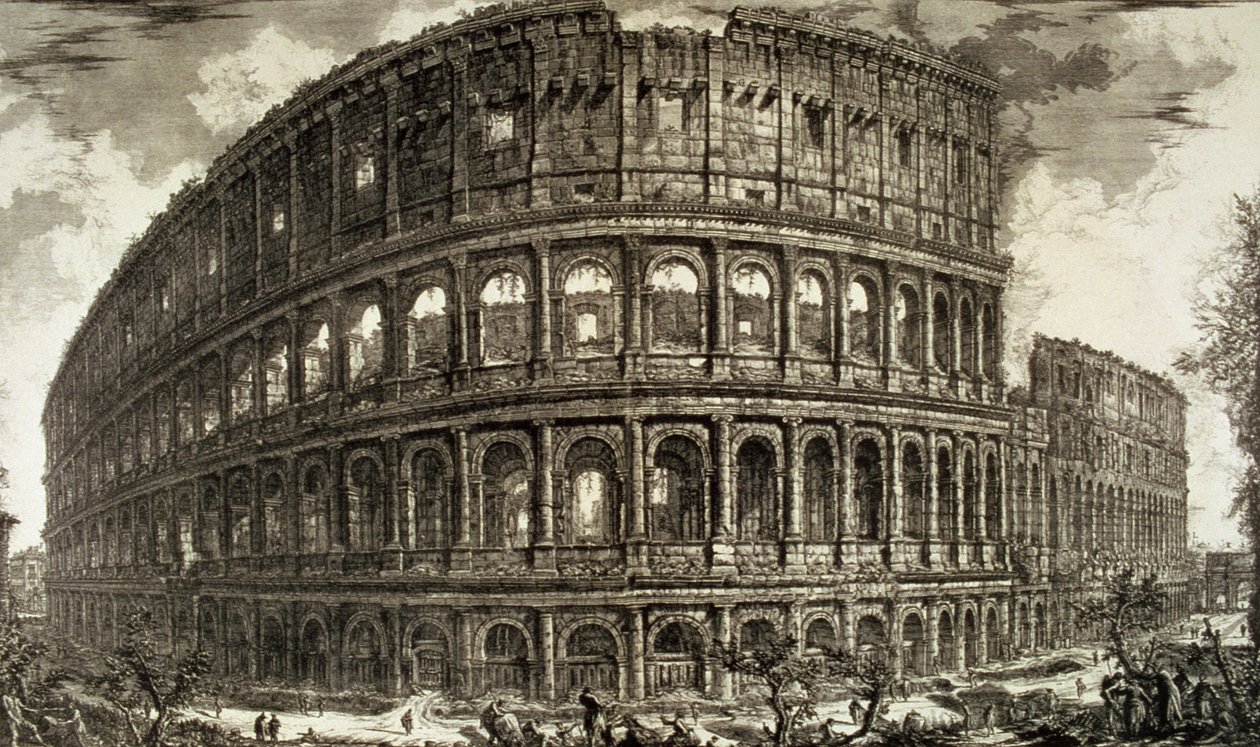 Tavla XCVII-VIII Utsikt över den flaviska amfiteatern, känd som Colosseum från "Vedute", publicerad först 1756, pub. av E & F.N. Spon Ltd. av Giovanni Battista Piranesi