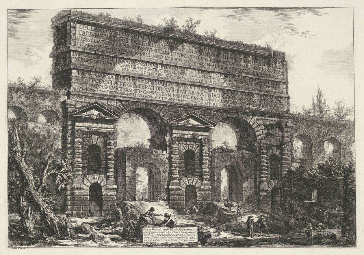 Porta Maggiore i Rom Utsikt över monumentet som restes av kejsar Titus Vespasianus (...) (titel på objektet) Gezichten op Rome (serietitel) Utsikt över Rom designad och graverad av Giambattista Piranesi-arkitekten Ve (nez) iano (serietitel) av Giovanni Battista Piranesi