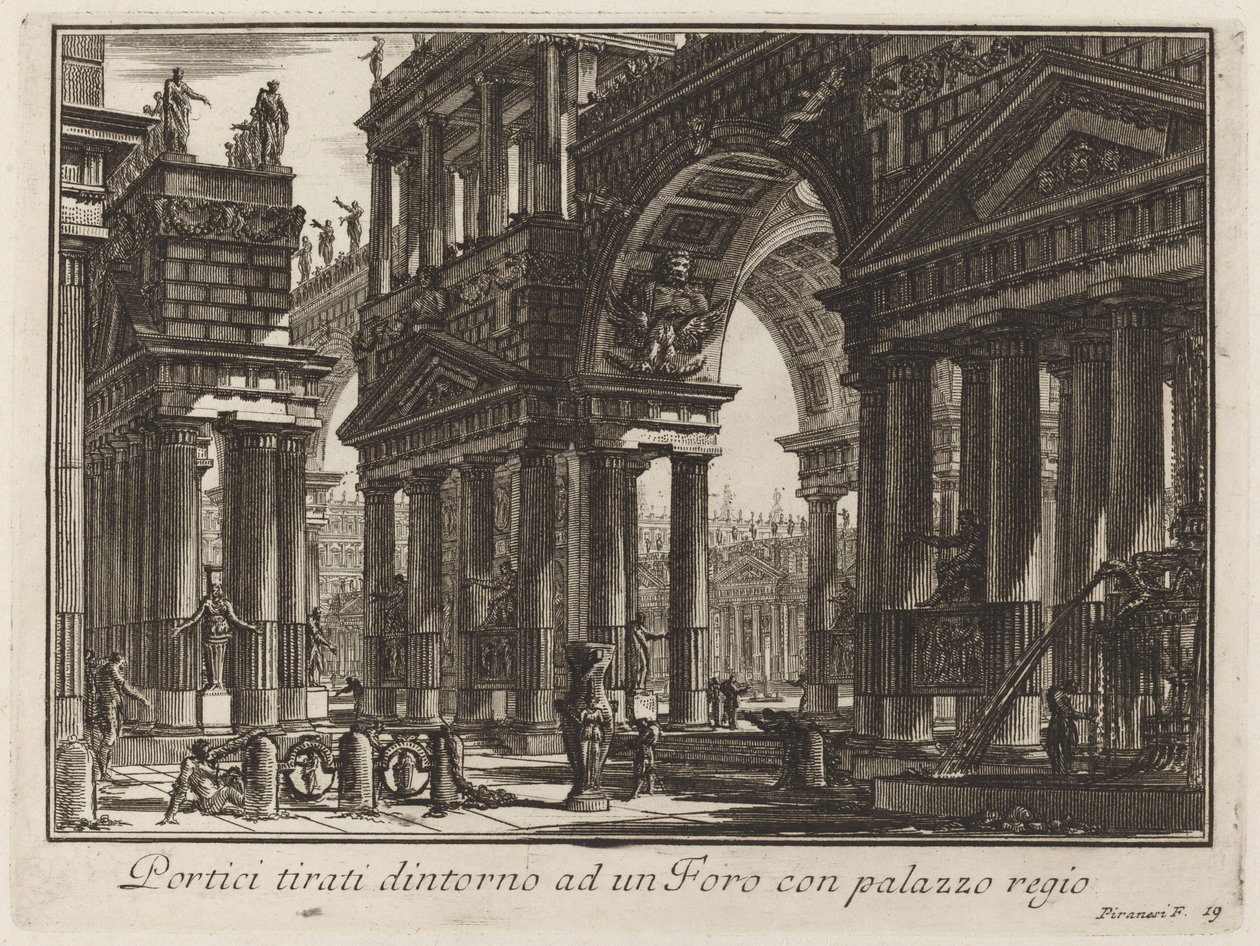 Portiker ritade runt ett forum med ett kungligt palats av Giovanni Battista Piranesi