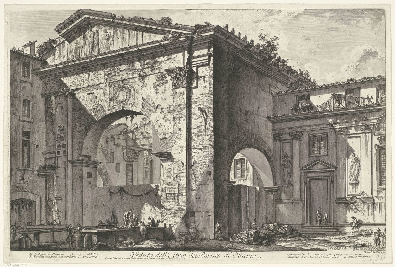 Porticus van Octavia i Rom Utsikt över Atrium i Portico of Octavia (titel på objekt) Gezichten op Rome (serietitel) Utsikt över Rom designad och graverad av Giambattista Piranesi-arkitekten Ve (nez) iano (serietitel) av Giovanni Battista Piranesi