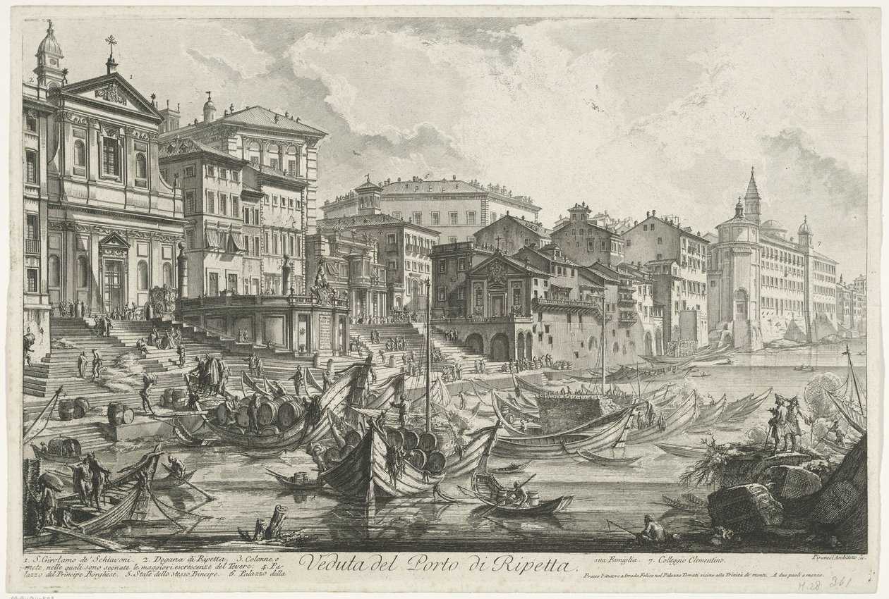 Hamnen i Ripetta te Rom Utsikt över hamnen i Ripetta (titel på objekt) Gezichten op Rome (serietitel) Utsikt över Rom designad och graverad av Giambattista Piranesi-arkitekten Ve (nez) iano (serietitel) av Giovanni Battista Piranesi