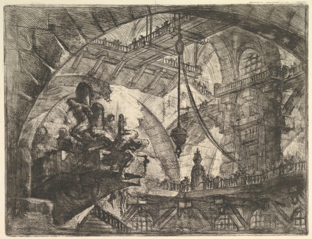 Fångar på en projekterande plattform, från Carceri dinvenzione Imaginary Prisons, ca. 1749-50. av Giovanni Battista Piranesi