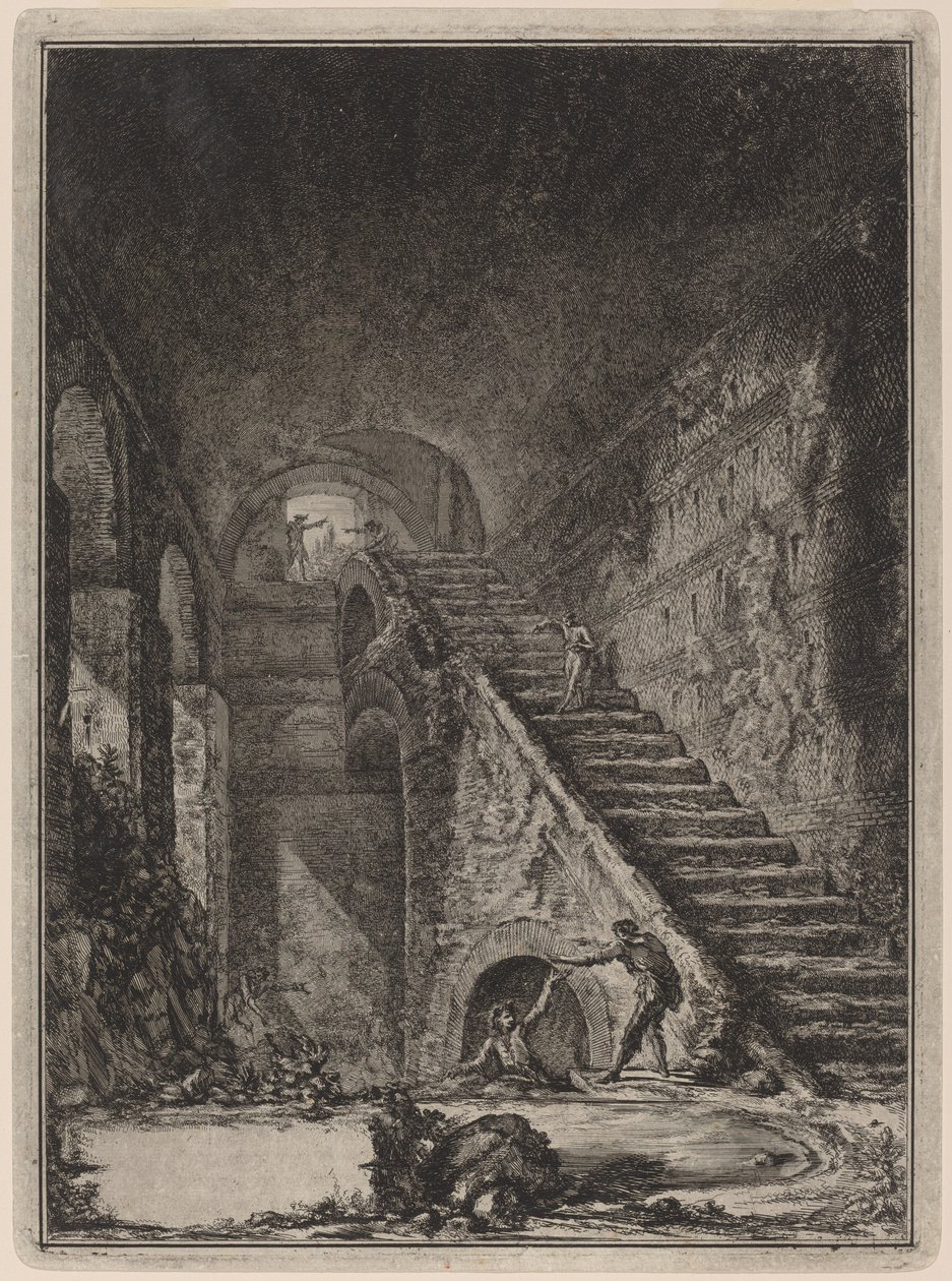 Perspektiv av trappan till vattenskyddsavdelningen för de förutnämnda bostäderna, omnämnd i plan på tavla XIII med lett. G. av Giovanni Battista Piranesi