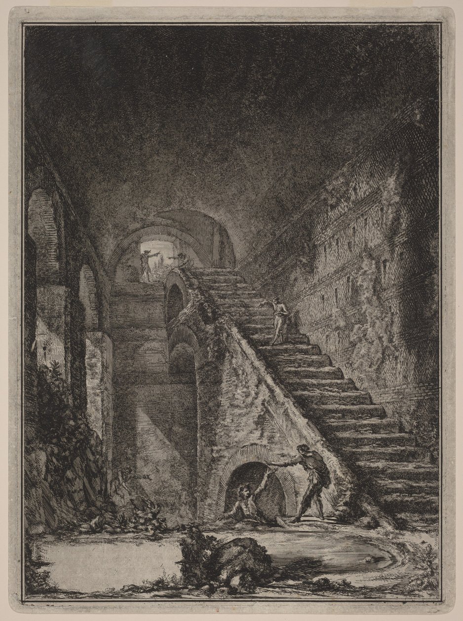 Perspektiv av trappan till vattenreservoaren vid de redan nämnda bostäderna, markerade på planen i plansch XIII med bokstaven G. av Giovanni Battista Piranesi